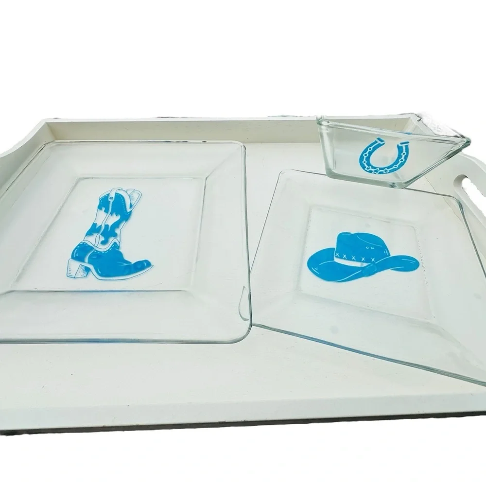 Western Glass Plate Set with Blue Designs